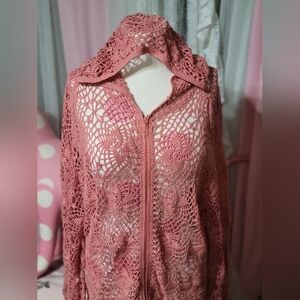 Pink/Coral Crochet Flower Lace Cardigan Sweater